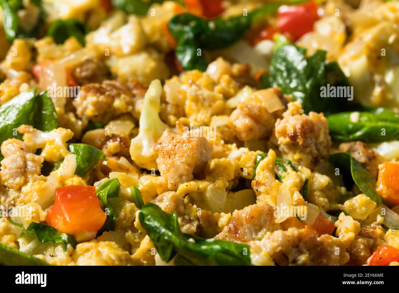 Healthy Homemade Veggie Egg Breakfast Scramble with Sausage and Spinach
