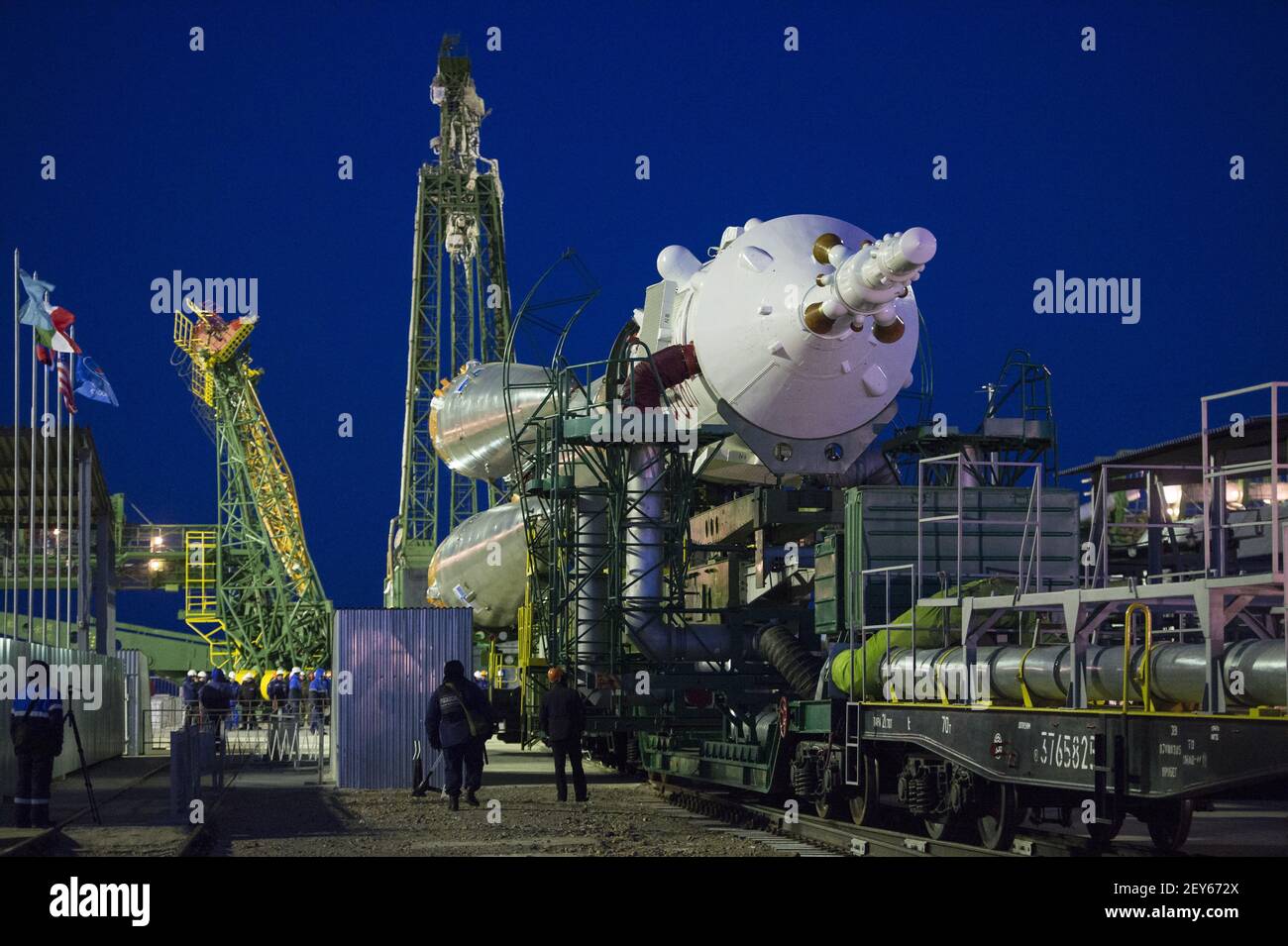 The Soyuz TMA-15M spacecraft is rolled out to the launch pad by train on Friday, Nov. 21, 2014 at the Baikonur Cosmodrome in Kazakhstan. Launch of the Soyuz rocket is scheduled for Nov. 24 and will carry Expedition 42 Soyuz Commander Anton Shkaplerov of the Russian Federal Space Agency (Roscosmos), Flight Engineer Terry Virts of NASA , and Flight Engineer Samantha Cristoforetti of the European Space Agency into orbit to begin their five and a half month mission on the International Space Station. Image Credit: Aubrey Gemignani/NASA/Sipa USA Stock Photo