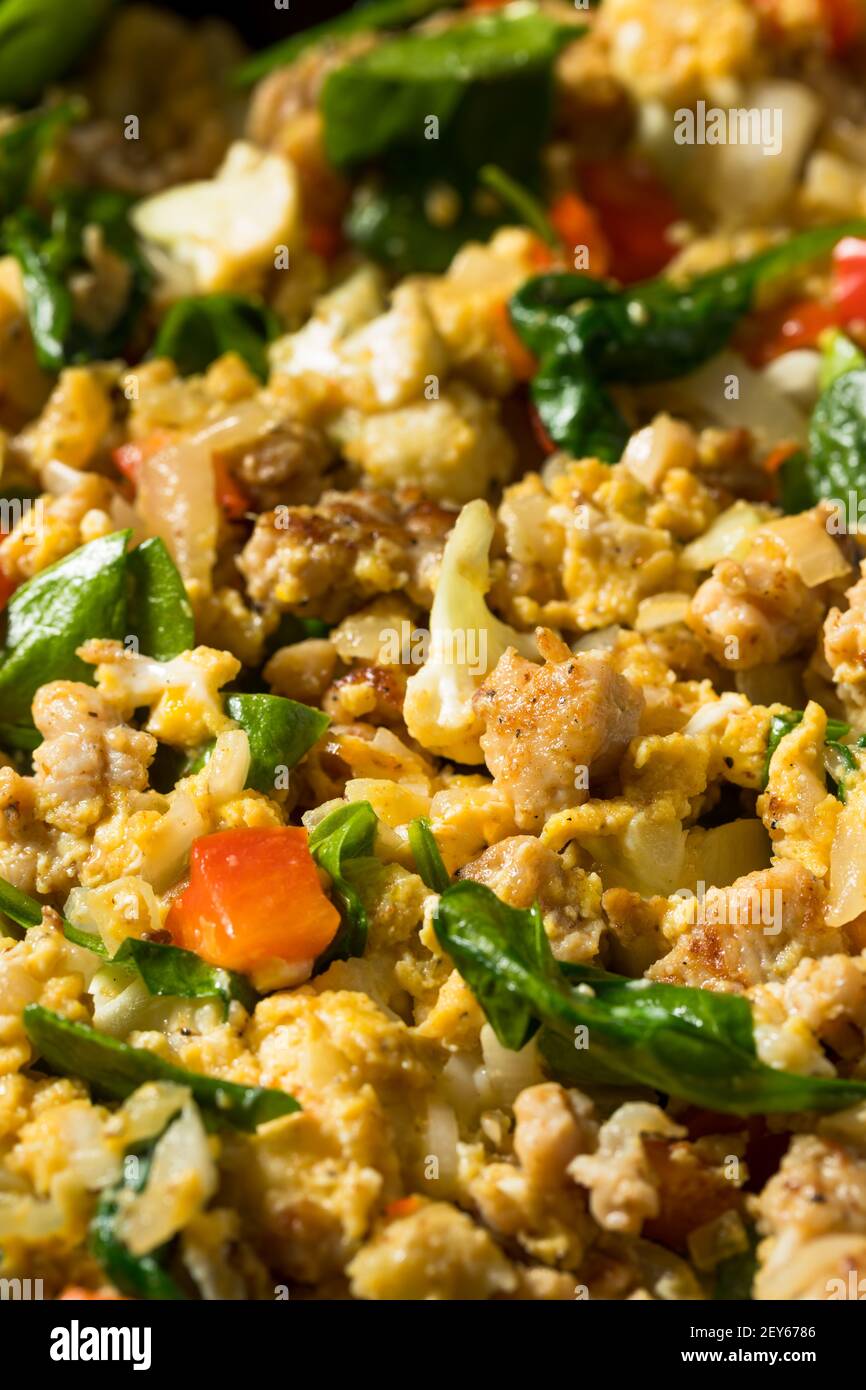 Healthy Homemade Veggie Egg Breakfast Scramble with Sausage and Spinach
