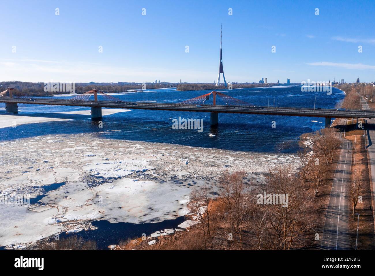 Aerial view of the South bridge over river Daugava in Latvia Stock Photo