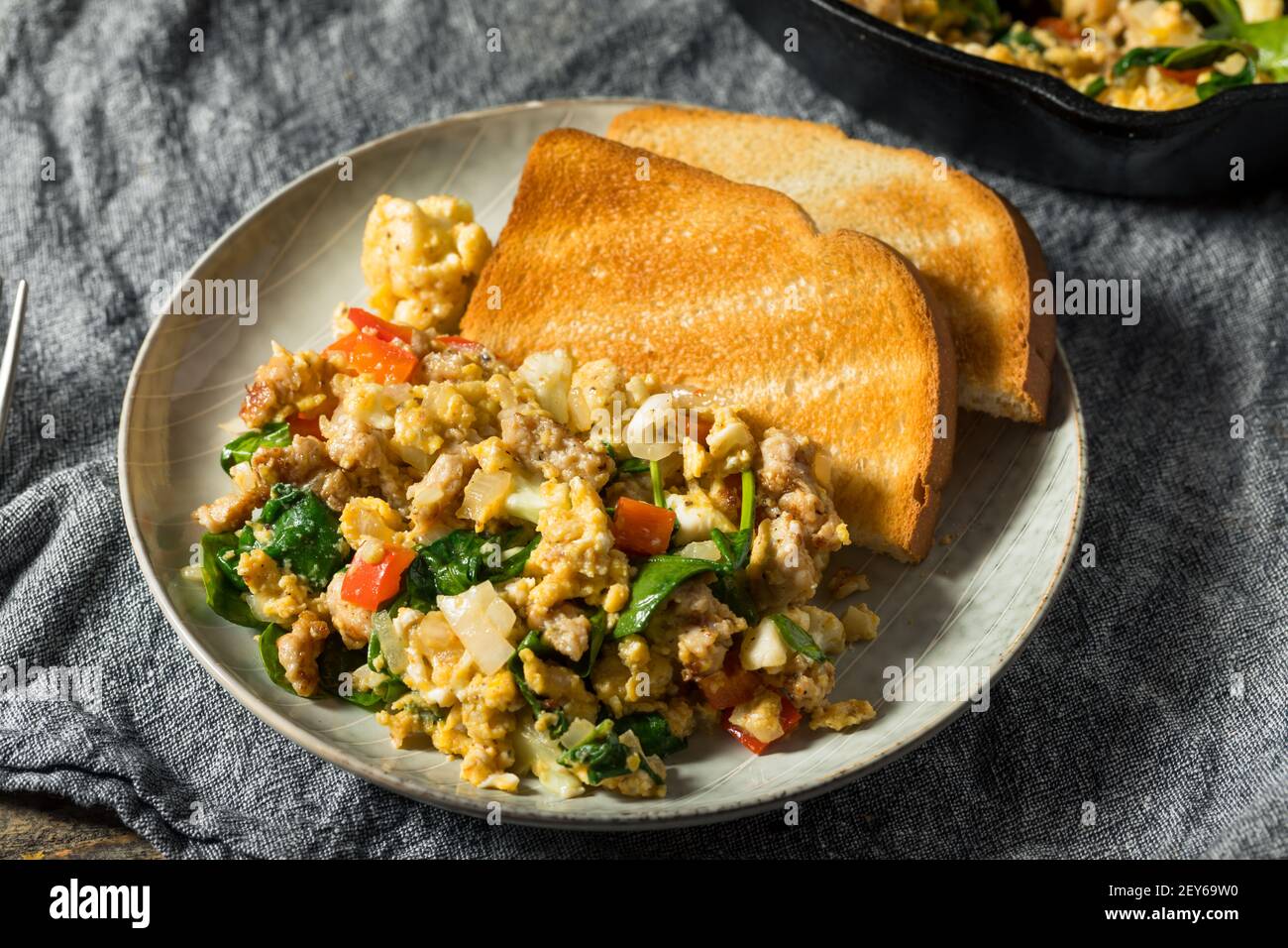 Healthy Homemade Veggie Egg Breakfast Scramble with Sausage and Spinach
