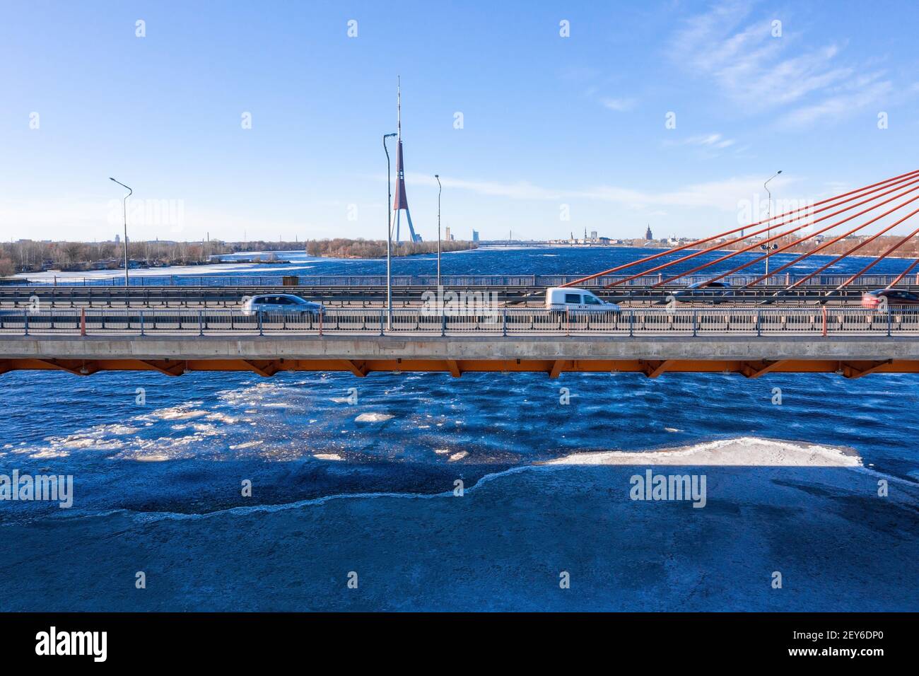 Aerial view of the South bridge over river Daugava in Latvia Stock Photo