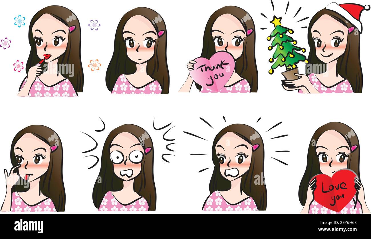 vector cartoon girl emoji face stickers set Stock Vector Image & Art ...