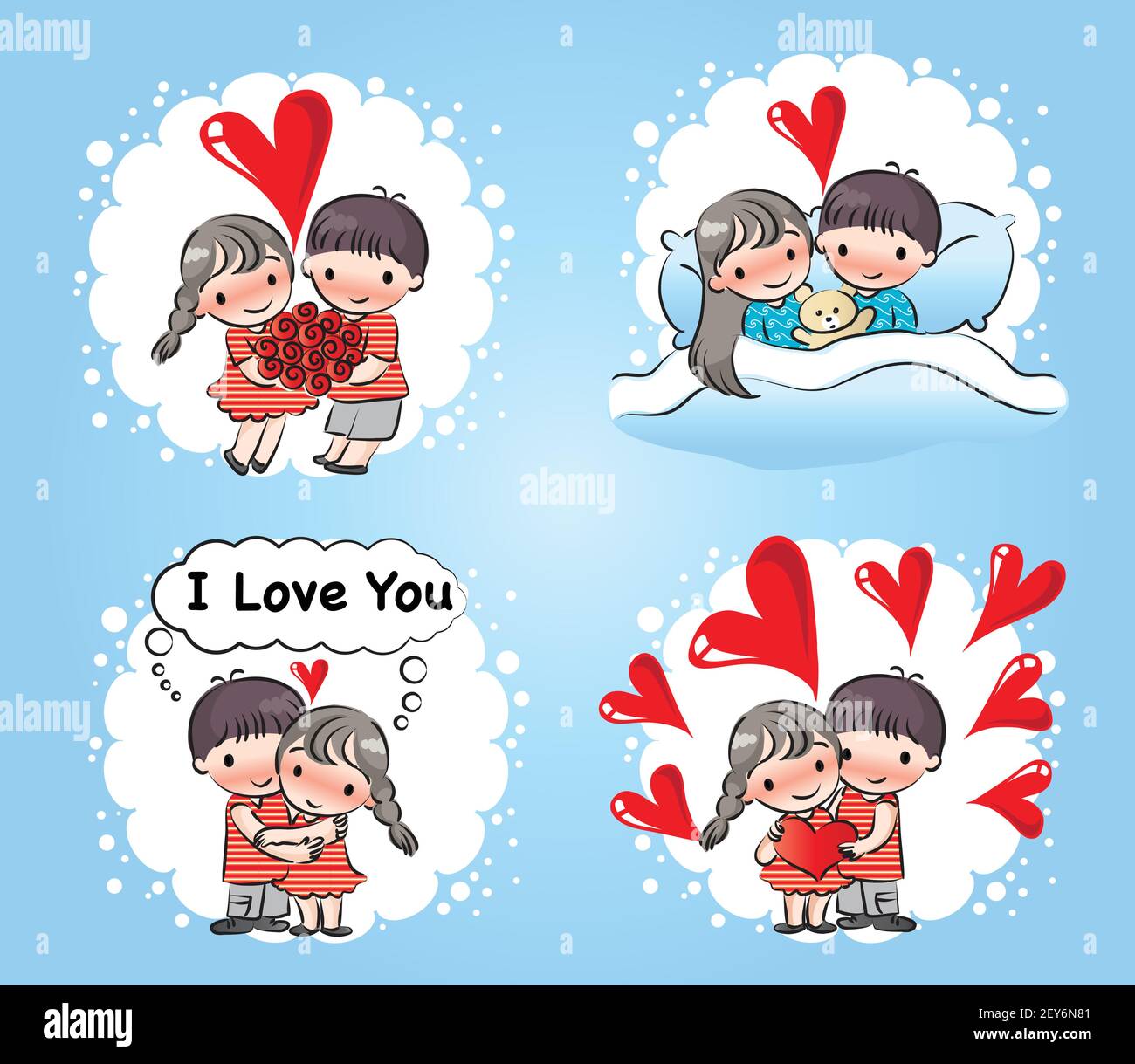 vector cartoon girl and boy in Valentine's Day greeting card emoji ...