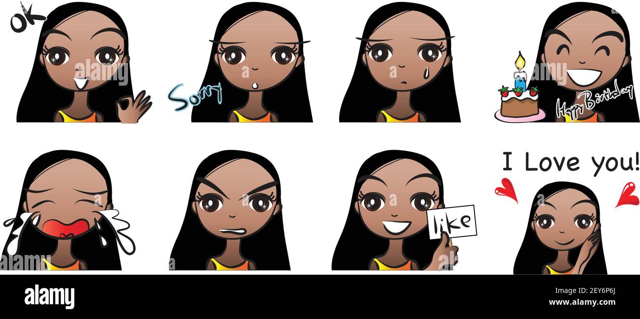 vector cartoon girl emoji face stickers set Stock Vector Image & Art ...