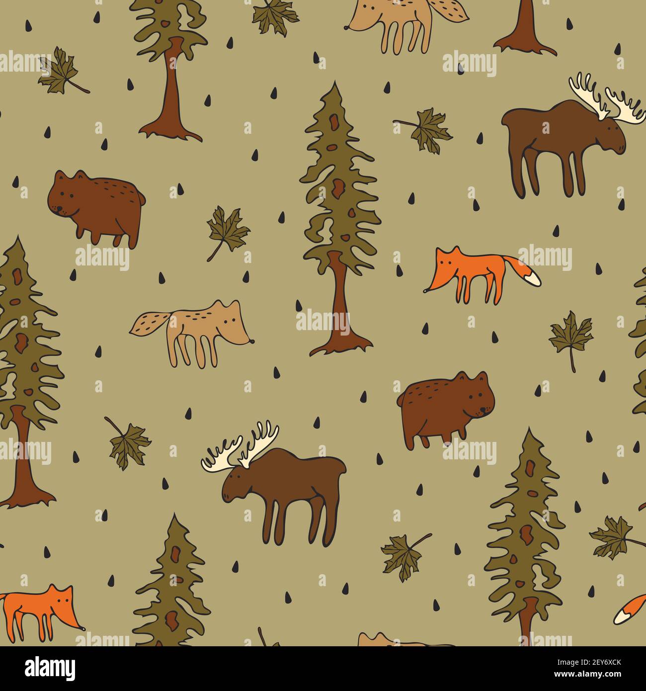 Seamless vector pattern with forest animals on grey background. Cute wildlife wallpaper design for children. Fashion fabric style. Stock Vector