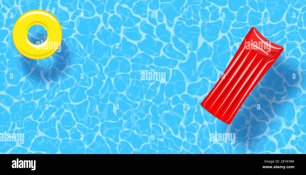 Swimming pool top view background. Rubber ring and raft floating on ...