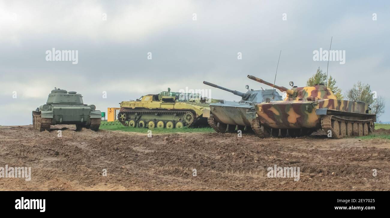 Minsk, Belaraus - October 2, 2012: Soviet T-34 and PT-76 tanks in good technical condition in the Belarusian museum complex Stalin's Line Stock Photo