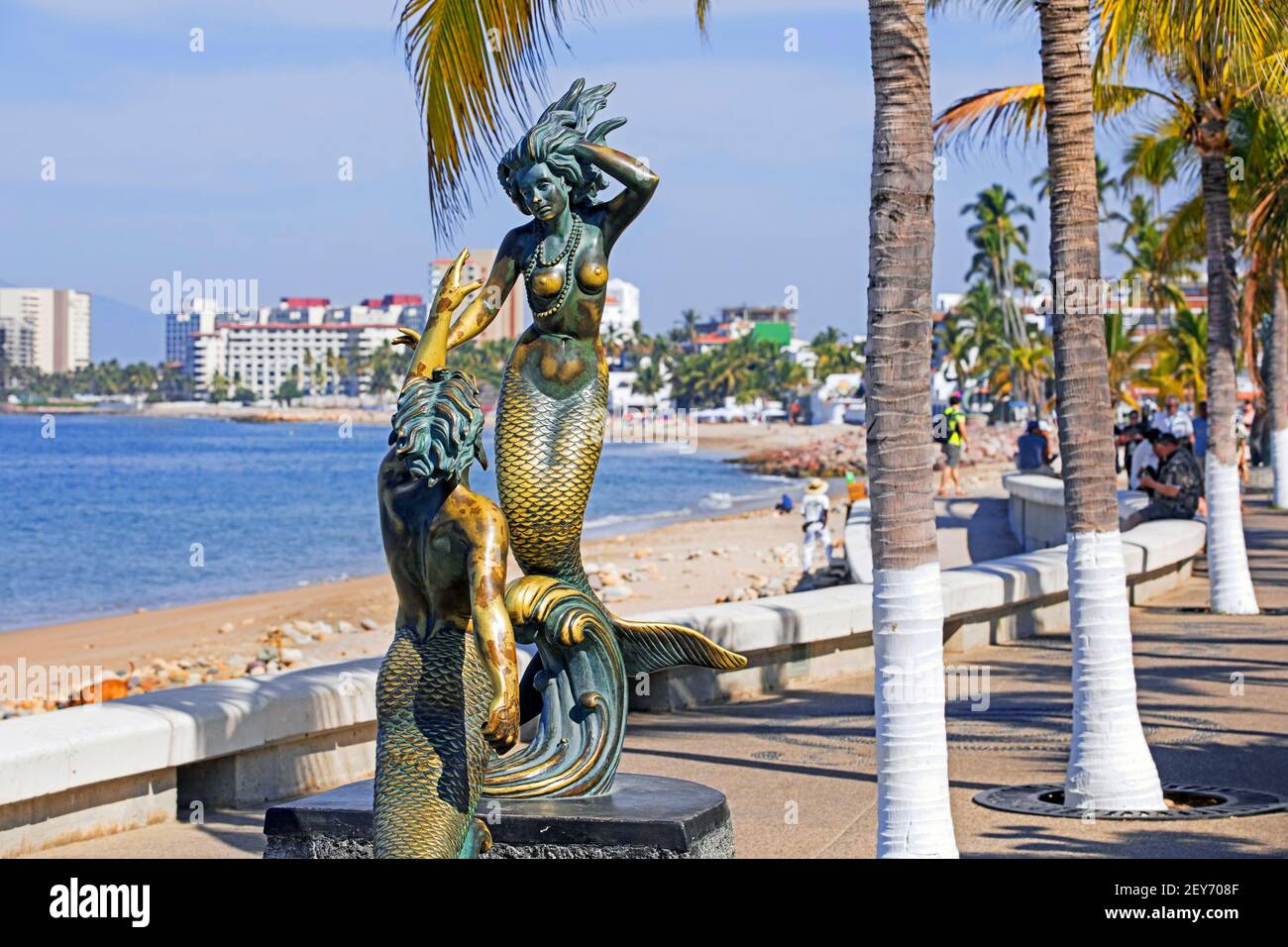 Sculpture Triton and Mermaid / Neptune and Nereid by Carlos Espino along the Malecón, esplanade in beach resort Puerto Vallarta, Jalisco, Mexico Stock Photo