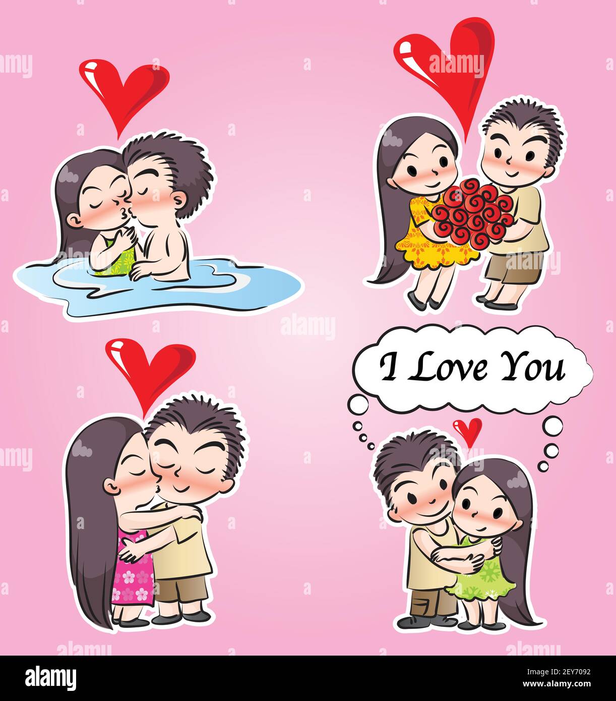 vector cartoon girl and boy in Valentine's Day greeting card emoji ...