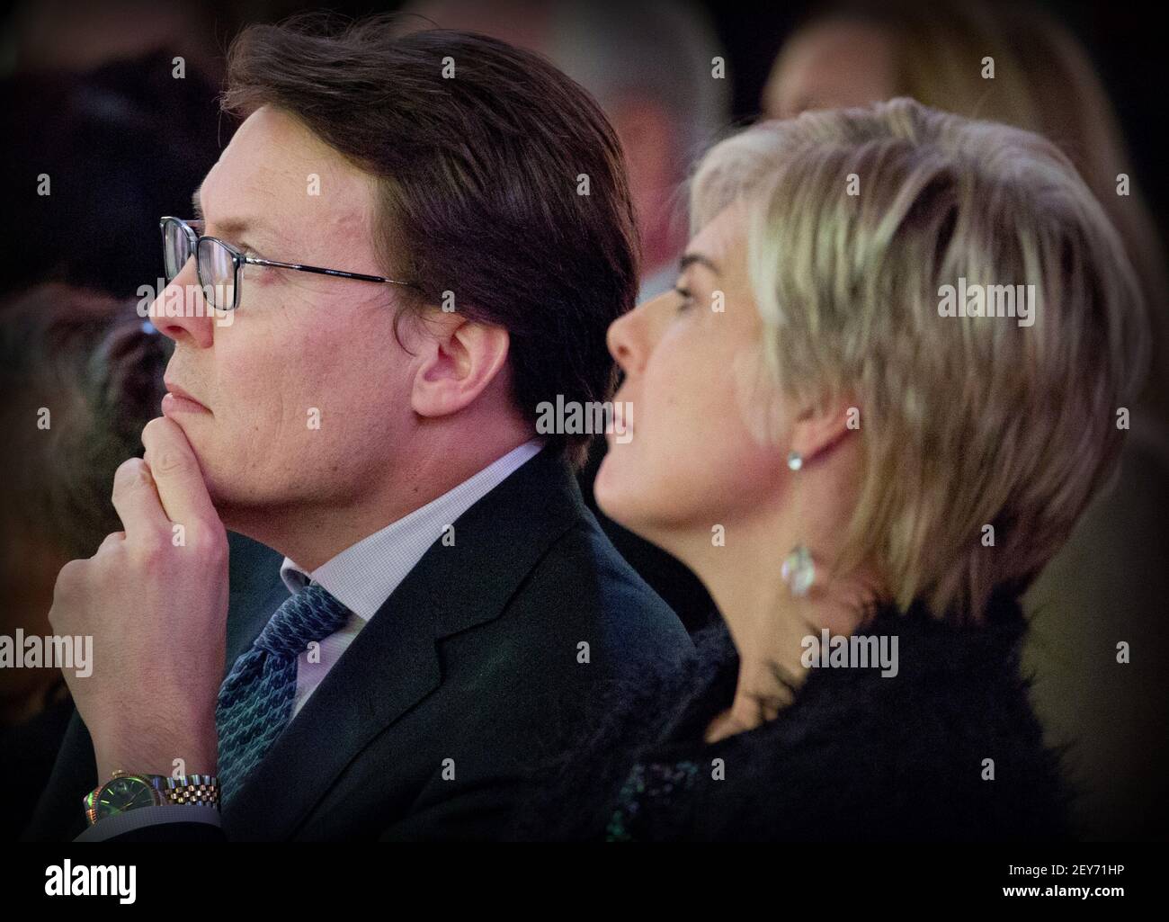 10-12-2014 AMSTERDAM - Prince Constantijn and Princess Laurentien attend the award ceremony of the Prince Claus Prize 2014 to Columbian artist and plant expert Abel RodrÃguez at the Royal Palace in Amsterdam (Photo by Robin Utrecht/Sipa USA) Stock Photo