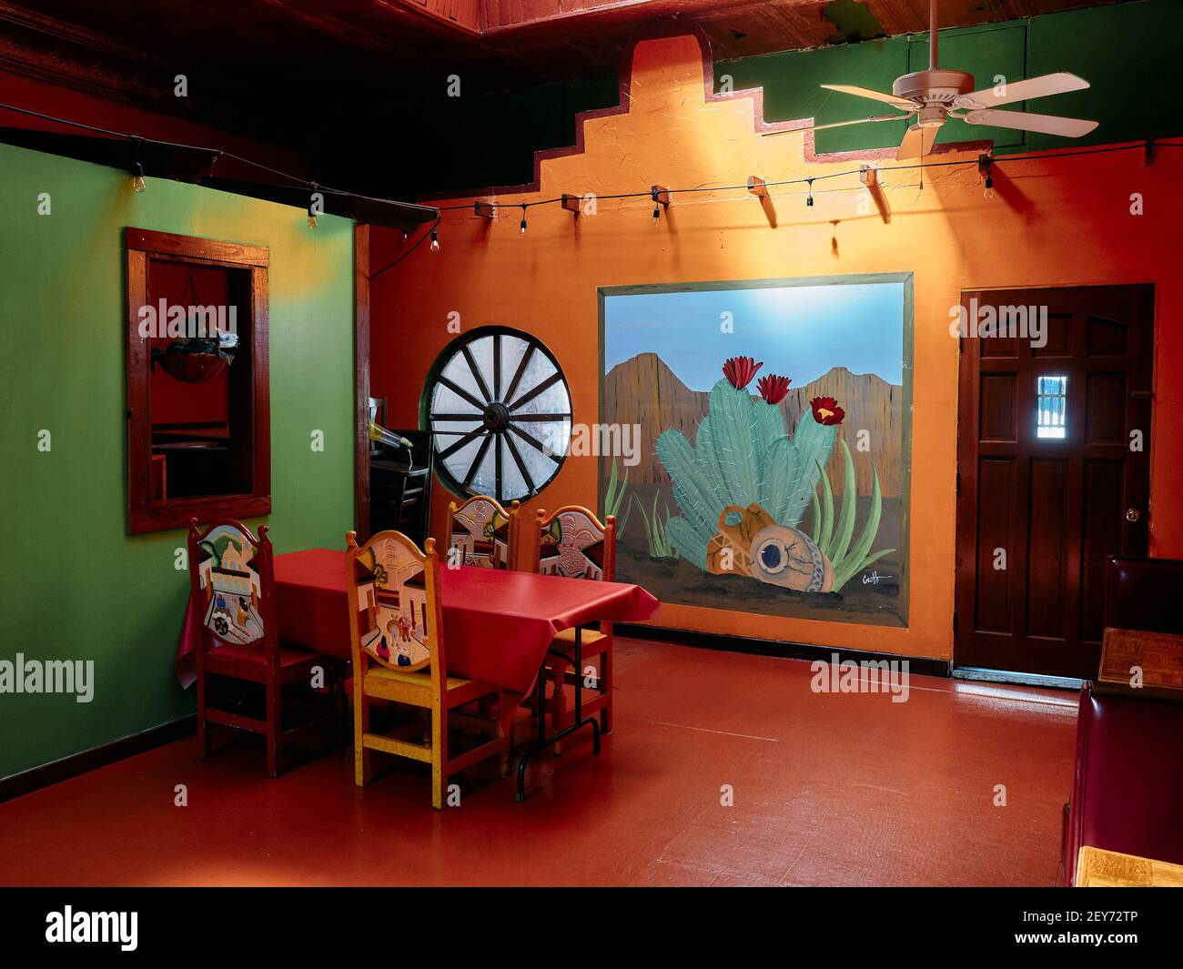 Mexican restaurant interior with bold bright colors in Talladega Alabama, USA. Stock Photo