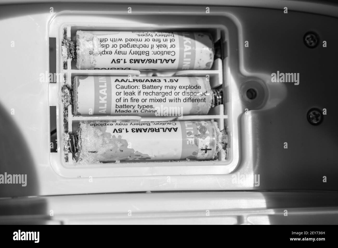 Alkaline batteries with heavy corrosion and acid leakage Stock Photo Alamy