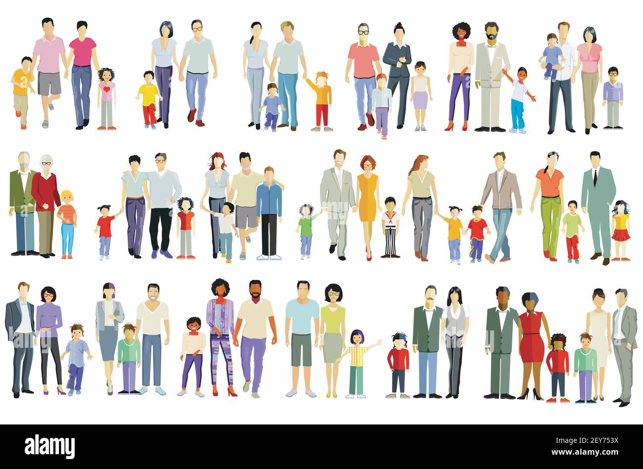 Set of different families, parents and children, groups of people isolated on white Stock Vector