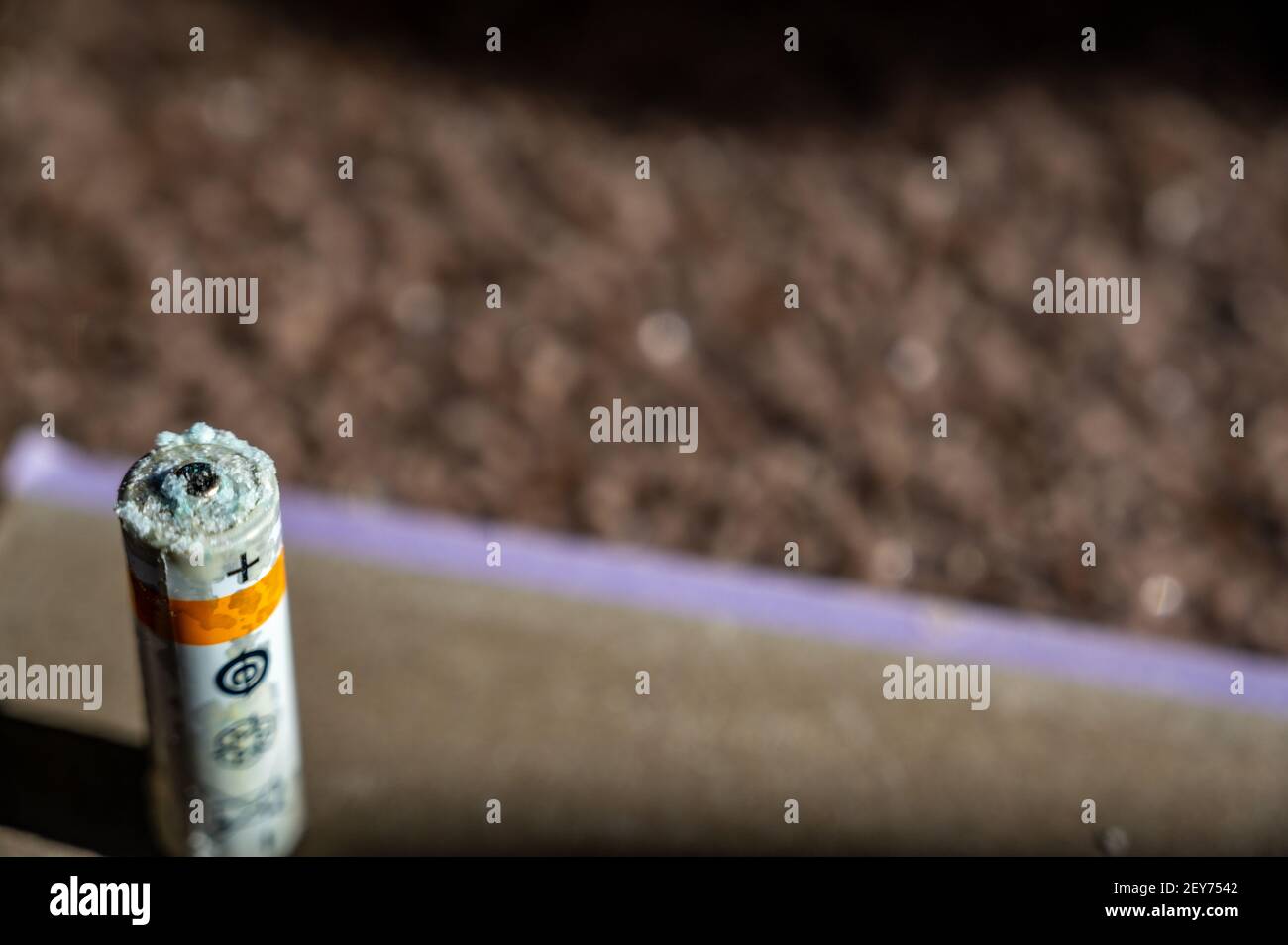 Alkaline batteries with heavy corrosion and acid leakage Stock Photo