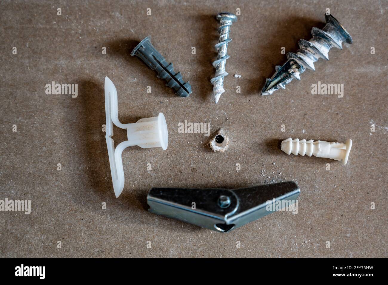 Various drywall anchors used in construction to hang objects on walls Stock Photo Alamy