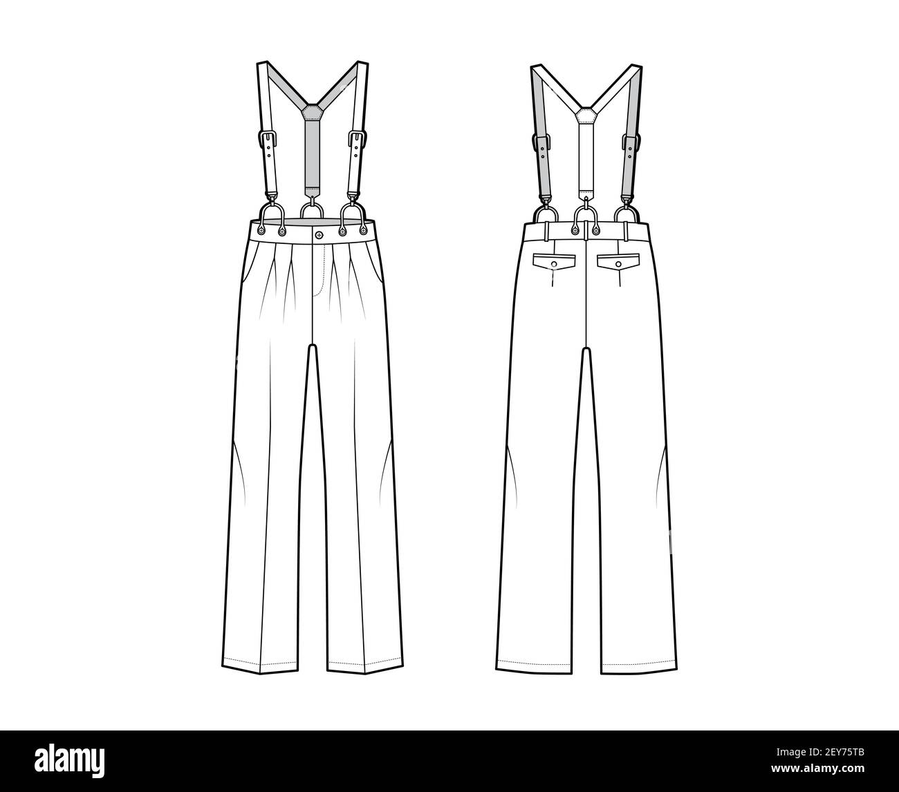 Suspender Pants Dungarees technical fashion illustration with full length, low waist, rise, pockets. Flat apparel garment bottom front back, white color style. Women, men unisex CAD mockup Stock Vector