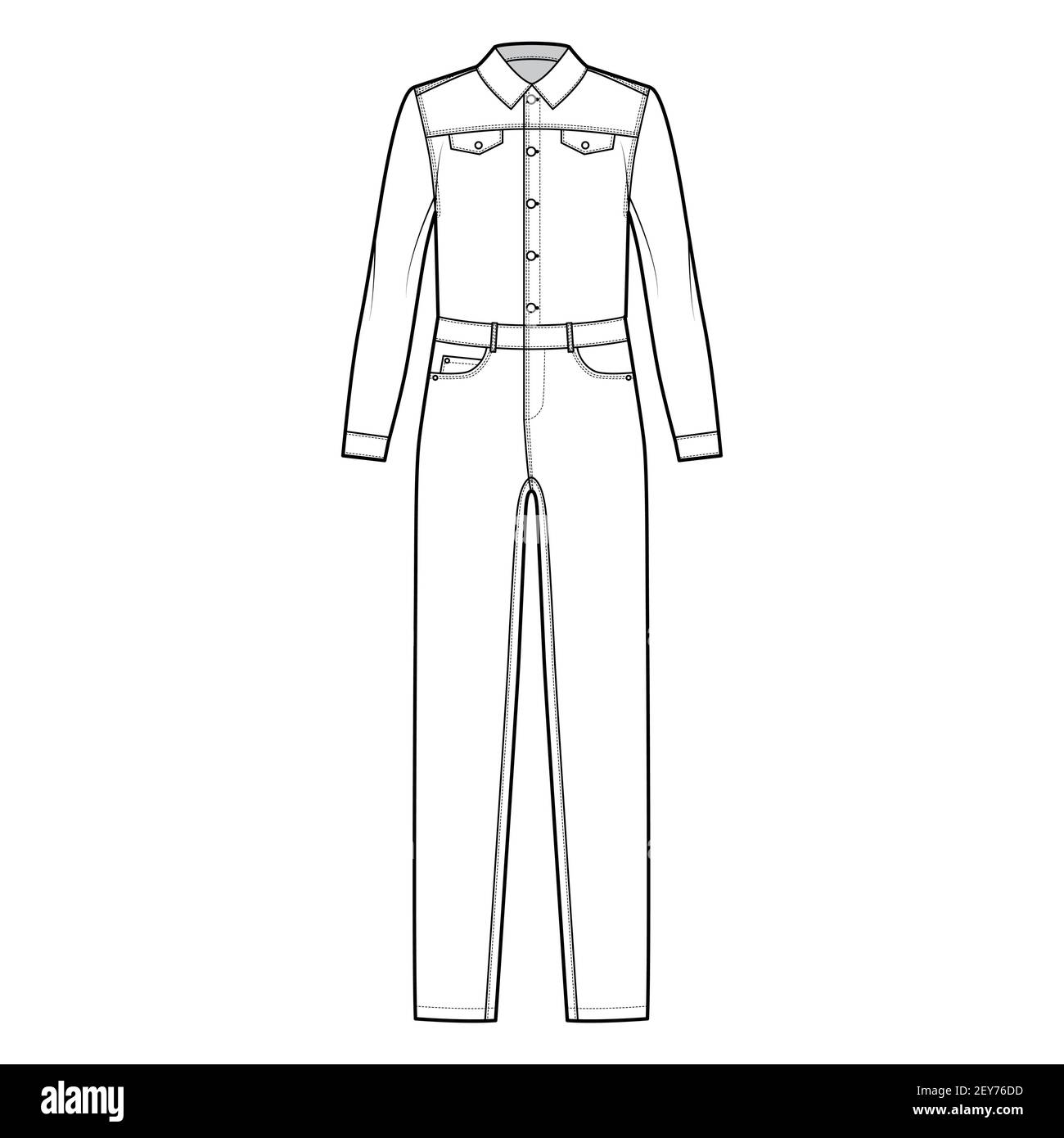Denim overall jumpsuit Dungaree technical fashion illustration with full  length, button closure, long sleeves, normal waist, high rise, pockets.  Flat front, white color style. Women, men CAD mockup Stock Vector Image &