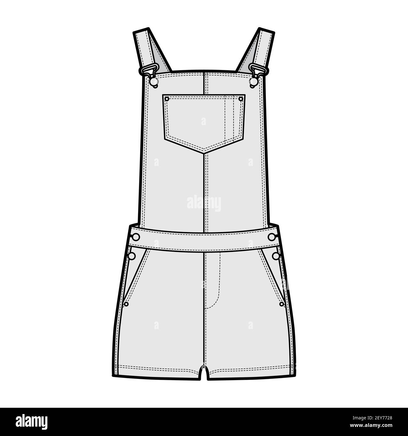 Dungarees Denim overall jumpsuit technical fashion illustration with micro  length, normal waist, high rise, pockets, Rivets. Flat apparel front, grey  color style. Women, men unisex CAD mockup Stock Vector Image & Art -
