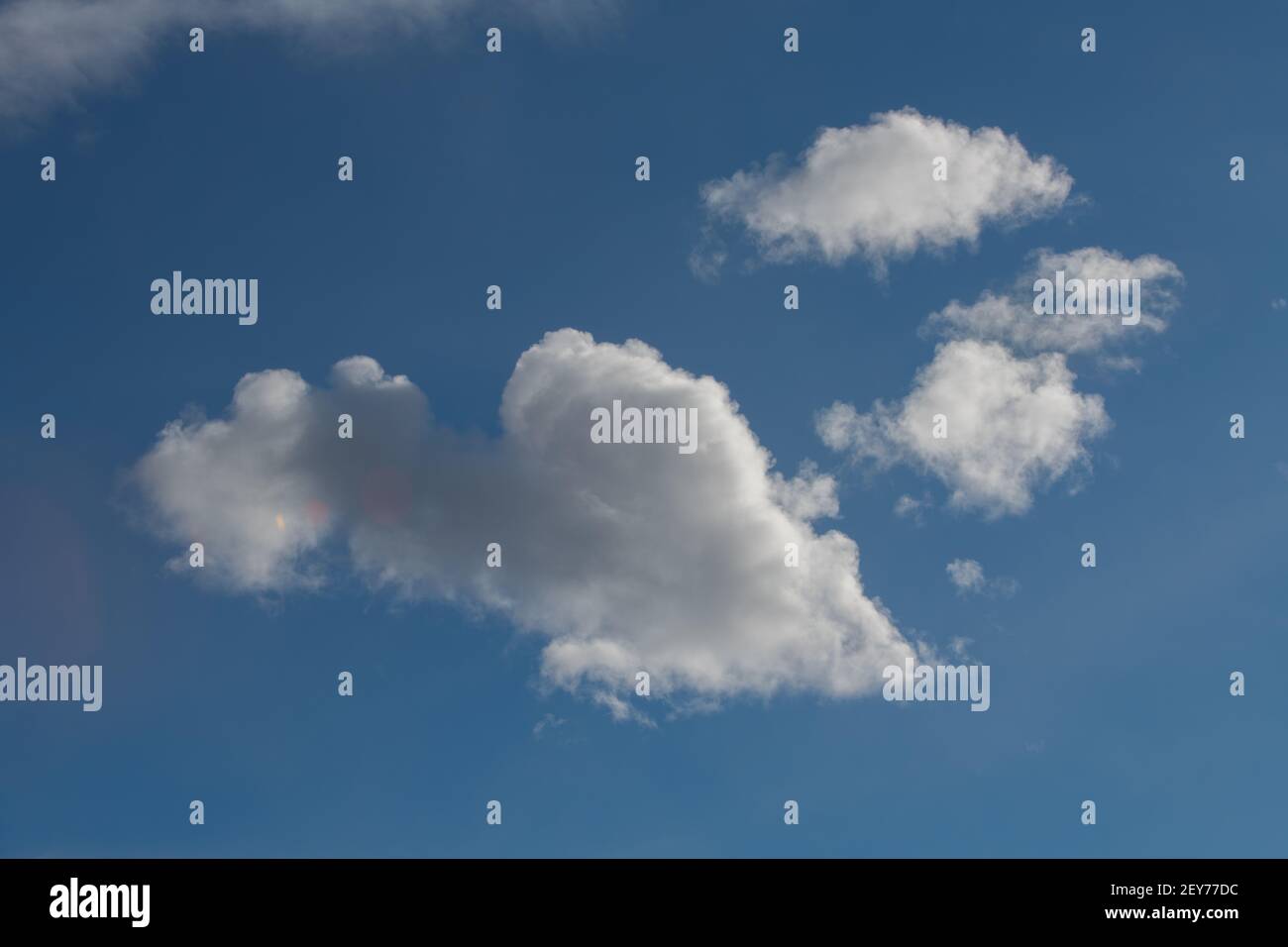 white puffy clouds floating in clear blue sky overhead empty space for type blue and white horizontal format weather backdrop background or wallpaper Stock Photo