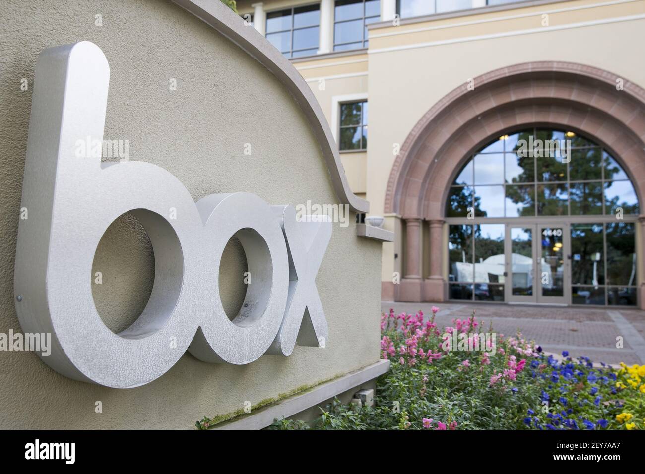 A logo sign at the headquarters of cloud services provider Box Inc., in ...