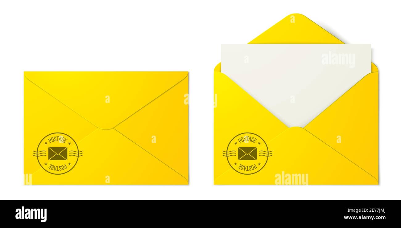 Set of folded and unfolded yellow mail envelopes with a postage service