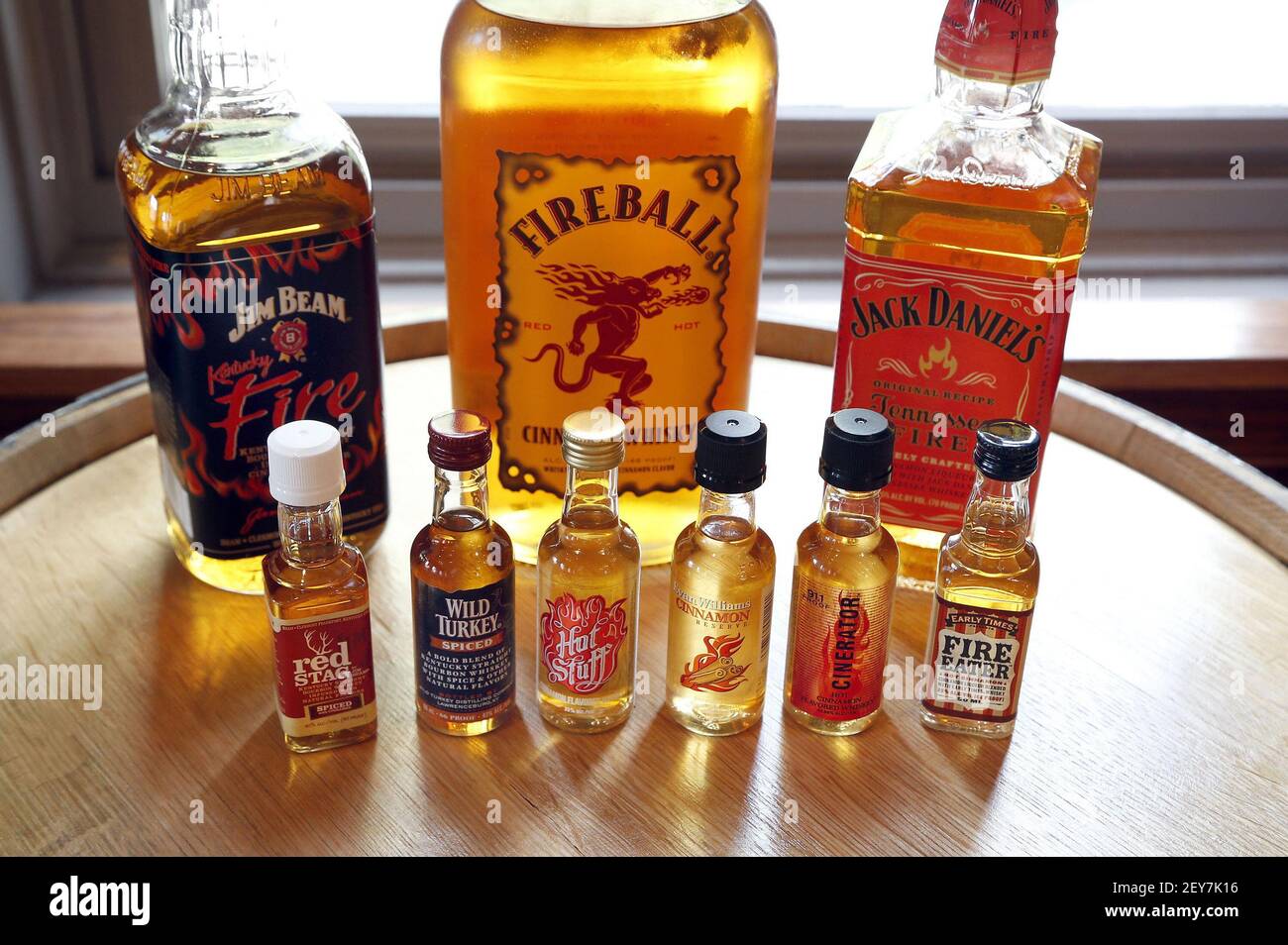 Various cinnamon flavored and spiced whiskeys. Jim Beam and Jack Daniels  have new entrants in the battle for Fireball's market share: Jim Beam  Kentucky Fire and Jack Daniels Tennessee Fire. (Photo by