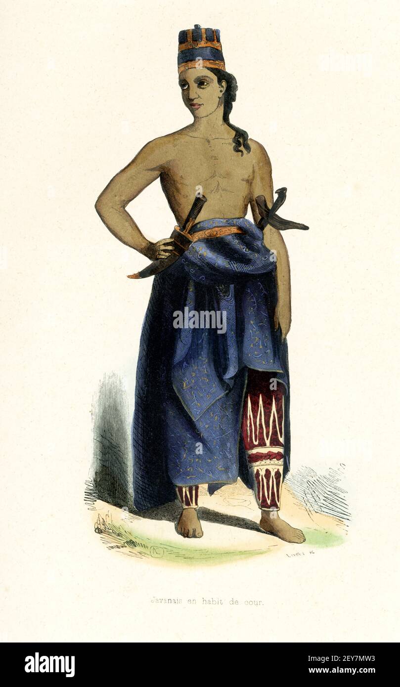 This 1840s illustration shows a Javanese man in court dress. The Javanese people are an ethnic group native to the Indonesian island of Java. With approximately 100 million people, they form the largest ethnic group in Indonesia. They are predominantly located in the central to eastern parts of the island. Stock Photo