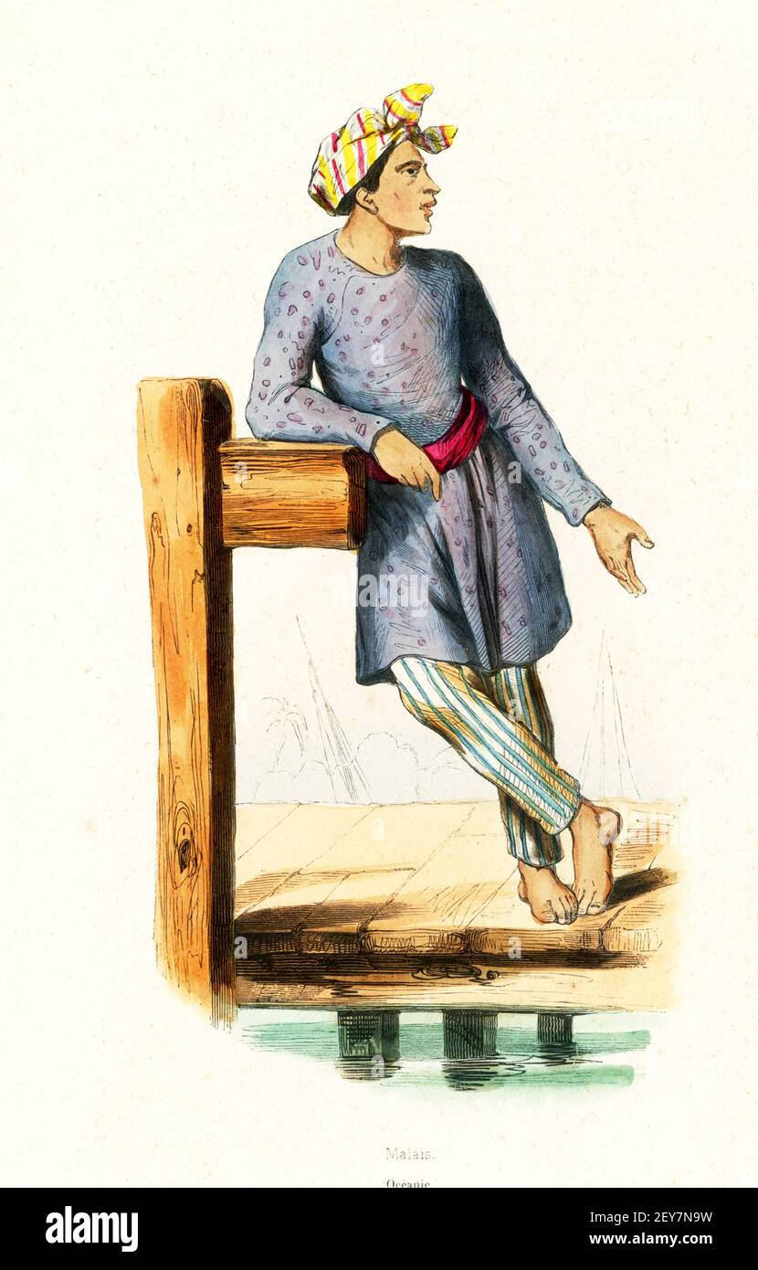 This 1840s illustration shows a Malaysian man. Malaysia is a Southeast Asian country occupying parts of the Malay Peninsula and the island of Borneo. It is known for its beaches, rainforests and mix of Malay, Chinese, Indian and European cultural influences. The capital is Kuala Lumpur. Malaysia is part of the area of the world known as Oceania. Oceania is a geographic region that includes Australasia, Melanesia, Micronesia and Polynesia. Spanning the Eastern and Western Hemispheres, Oceania has a land area of 8,525,989 square kilometers. Stock Photo