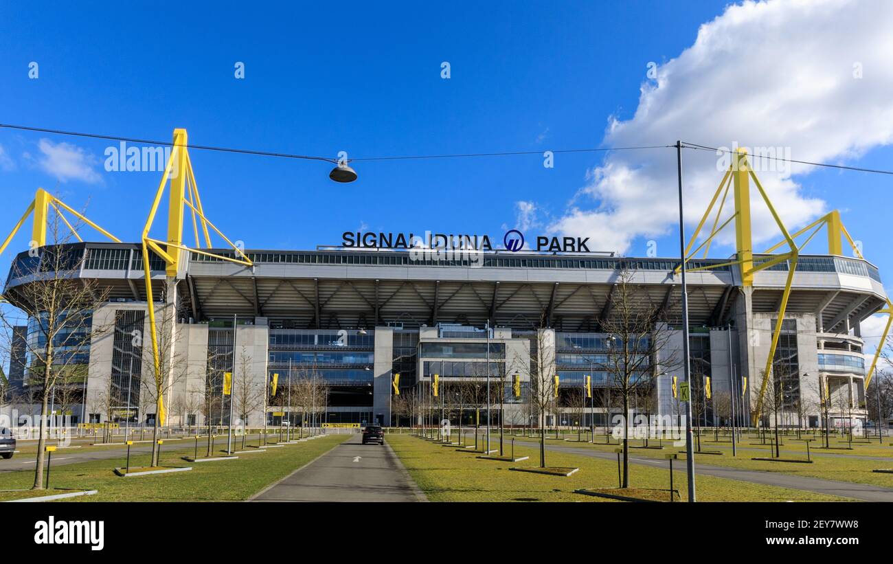 Dortmund, NRW, Germany. 05th Mar, 2021. Signal Iduna Park, Borussia Dortmund football club arena and Germany's largest stadium, bathed in beautiful sunshine, but unusually quiet as the team face their arch rival Bayern Munich in Bavaria tomorrow. The club plays an important part in the city's sporting life and cultural identity. North Rhine-Westphalia saw beautiful but cold sunshine today in most areas. Credit: Imageplotter/Alamy Live News Stock Photo
