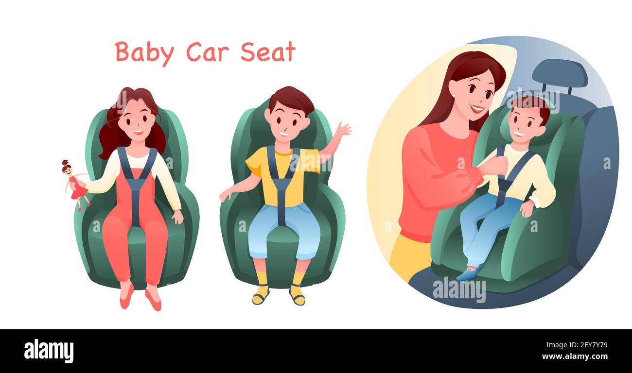 Baby auto car seat set, safe road transportation for child, boy and girl sitting in chair Stock Vector