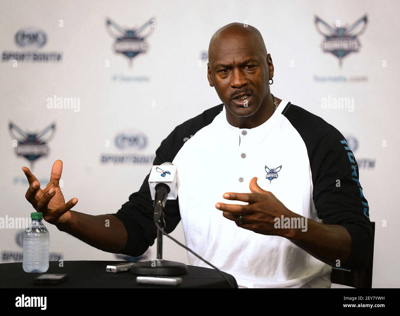 In this file photo, Charlotte Hornets owner Michael Jordan responds to a  question during a news conference on Oct. 28, 2014, at Time Warner Cable  Arena in Charlotte, North Carolina. Jordan and