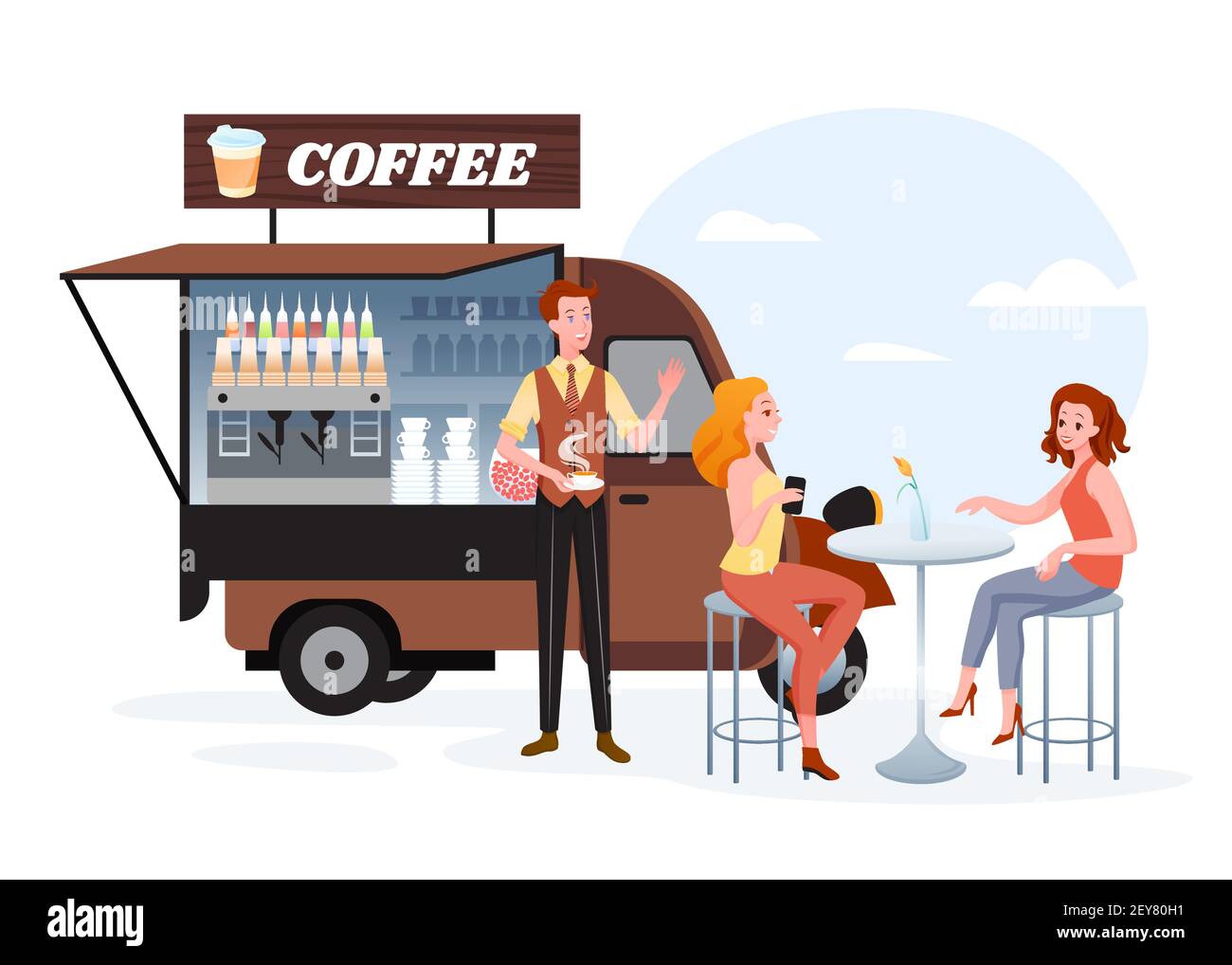 Coffee street market truck van car stall on sidewalk, friends waiting for cup of drink Stock Vector