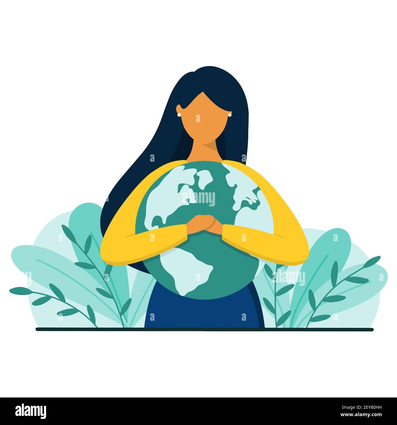 Woman hugs planet Earth with love and care. Save the planet concept ...