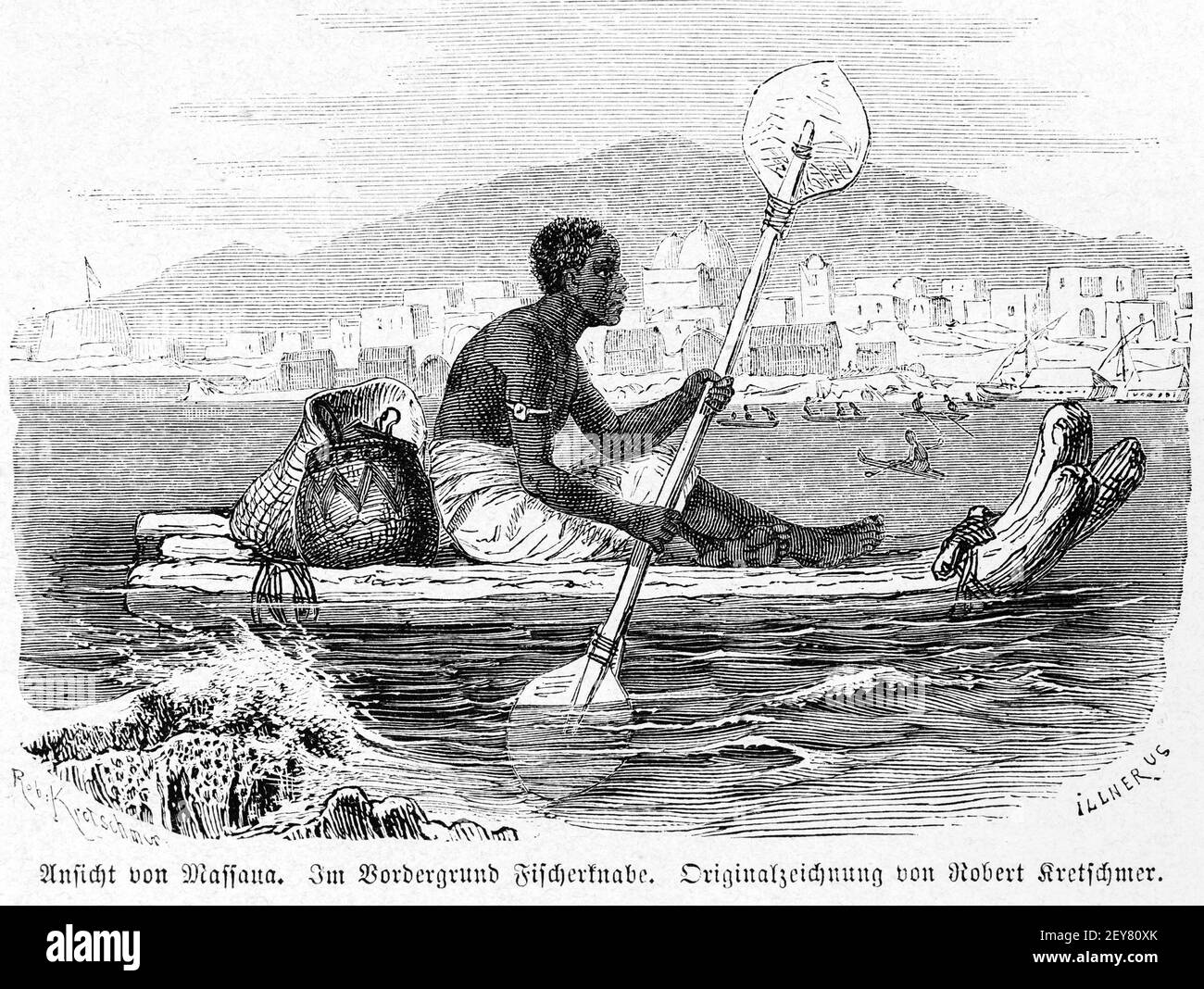View of Massawa on the Red Sea with young man fishing, Dr. Richard Andree, Abyssina, Ethiopia, East Africa, Abessinien, Land und Volk, Leipzig 1869 Stock Photo