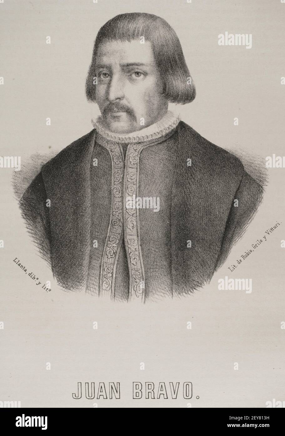 Juan Bravo (1484-1521). Castilian nobleman. He took part during the War of the Communities of Castile. Illustration by Santigo Llanta. Lithograph. Cronica General de España, Historia Ilustrada y Descriptiva de sus Provincias. Castilla-La Vieja, 1870. Stock Photo