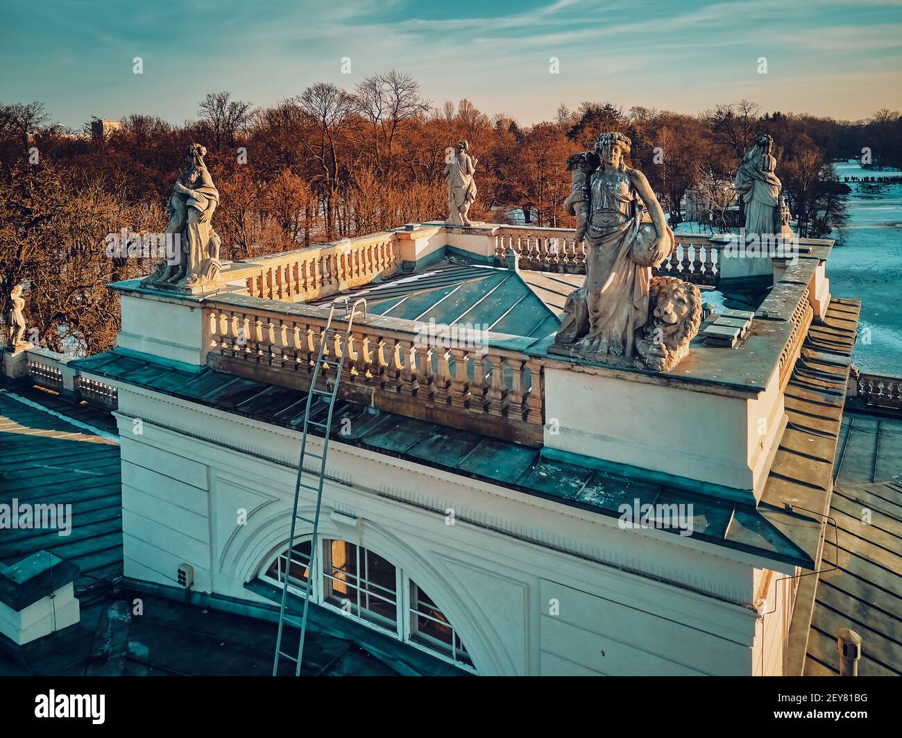 Beautiful panoramic aerial drone view of the Palace on the Isle (Polish: Palac Na Wyspie), also known as Baths Palace (Polish: Palac Lazienkowski), is Stock Photo