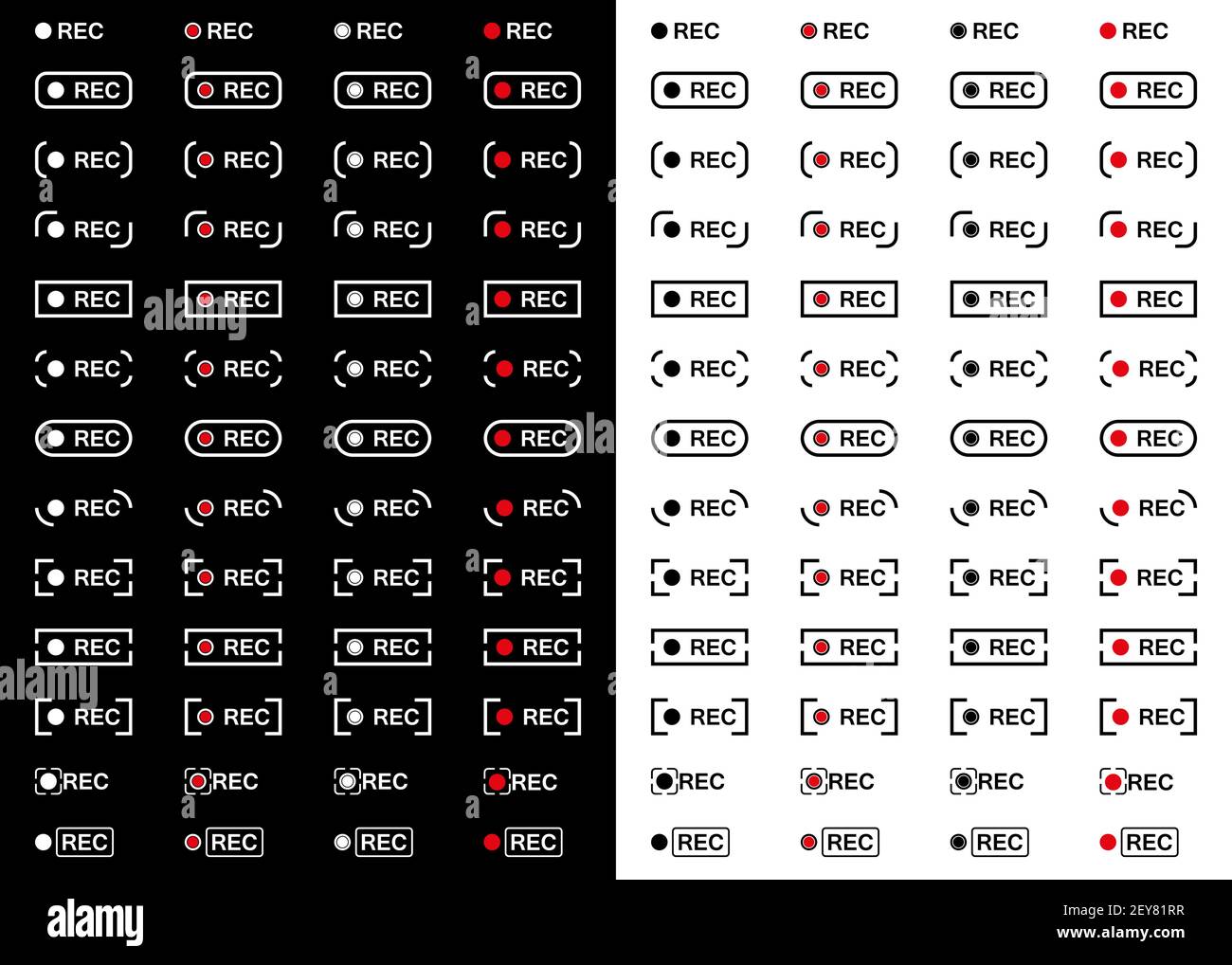 Recording icons. Recording buttons in the viewfinder of a smartphone or camera, video screen indicator. Video application REC ui icon set vector chara Stock Vector