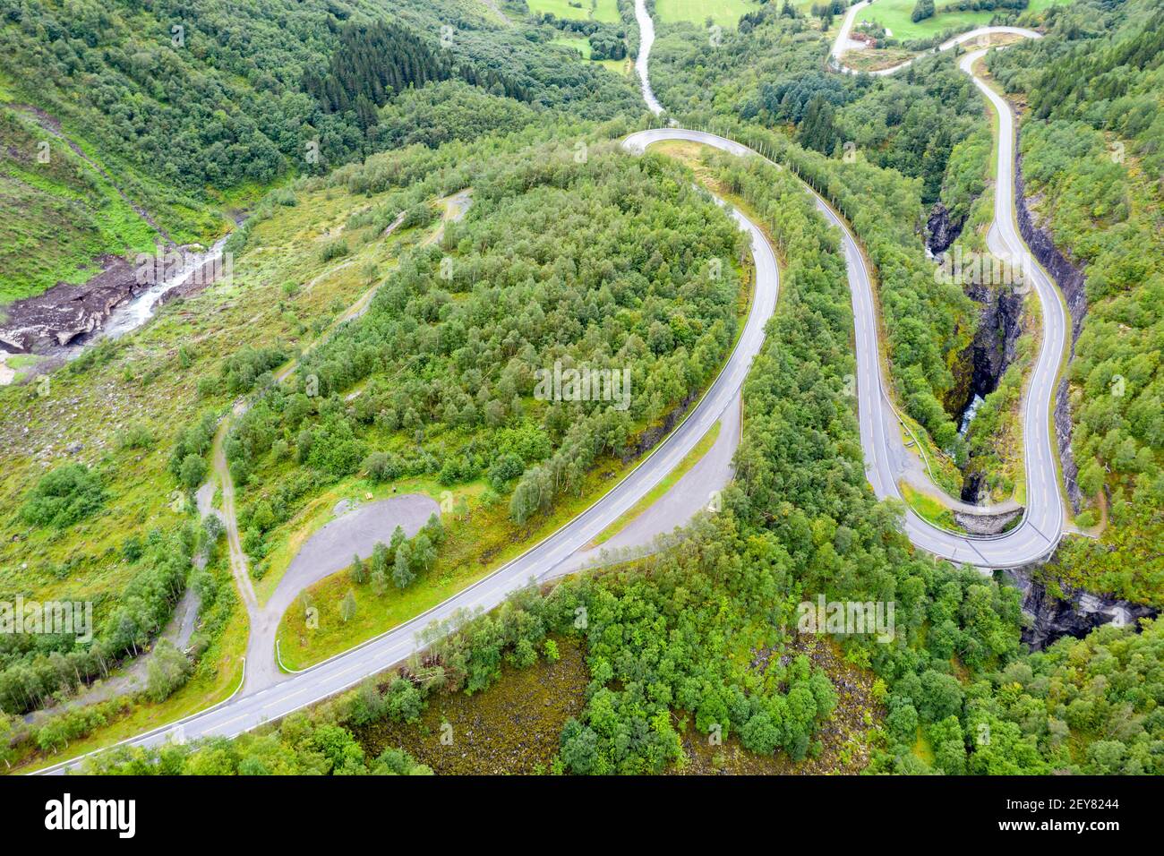 Hairpin curves in valley Hjelledalen east of Stryn, Norway Stock Photo