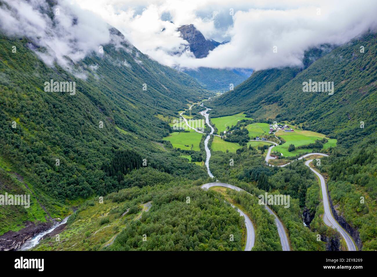 Hairpin curves in valley Hjelledalen east of Stryn, Norway Stock Photo