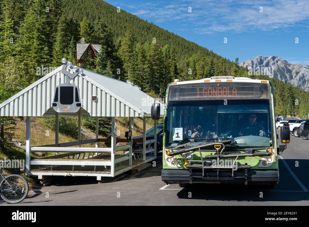 Banff Gondola bus stop in summer time. Banff National Park, Canadian Rockies. Stock Photo