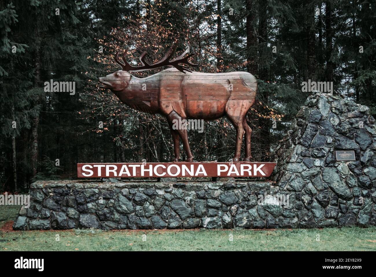 Vancouver Island, Canada - November 17,2020: View of welcome sign Strathcona Park with forest in the background Stock Photo