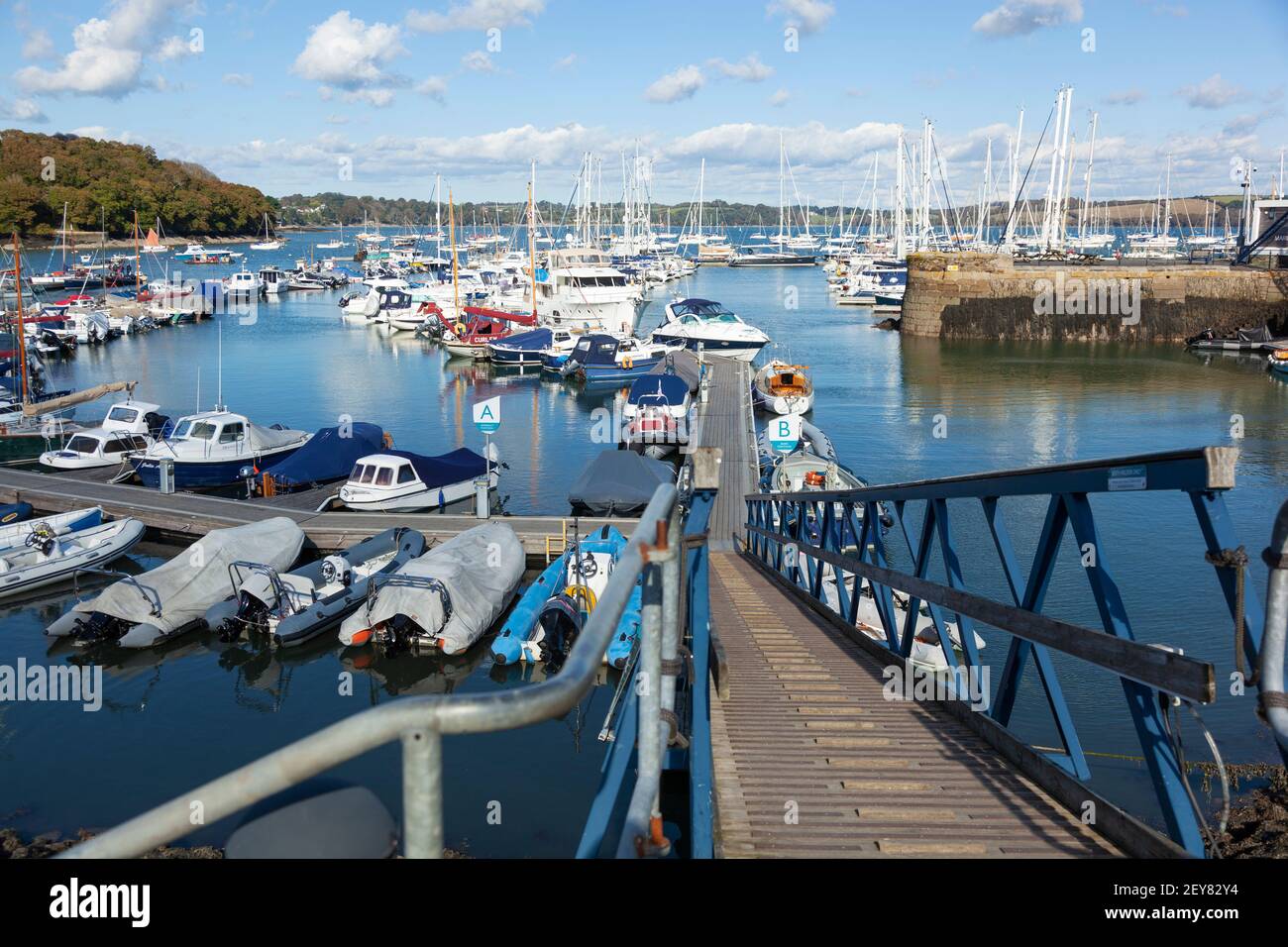 Recreational boats at Mylor Yatch Harbour, accessible by road and from the coastal footpath near Falmouth and Penryn, Cornwall. Stock Photo