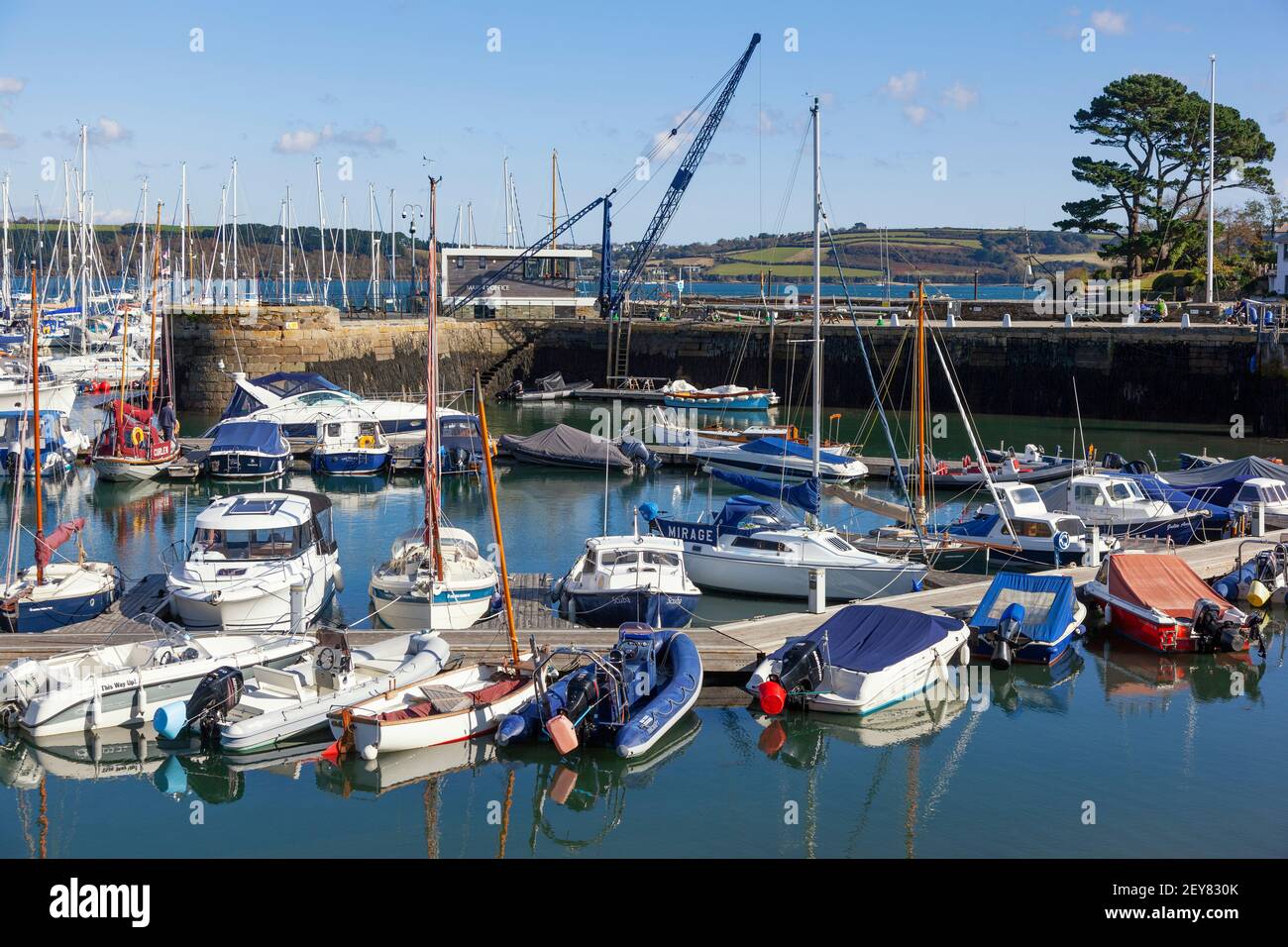 Recreational boats at Mylor Yatch Harbour, accessible by road and from the coastal footpath near Falmouth and Penryn, Cornwall. Stock Photo