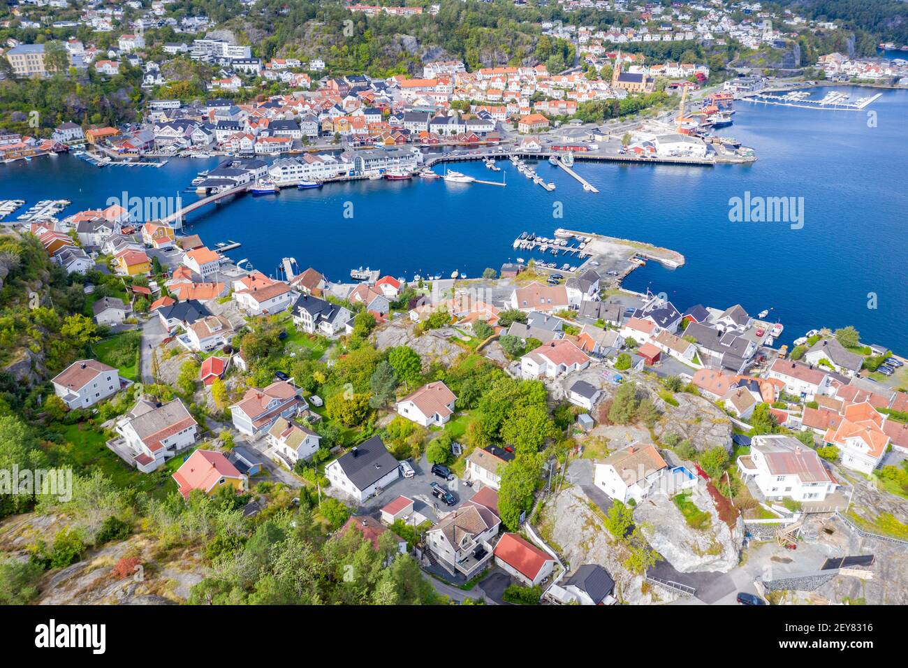 Aerial view over island Kragero, traditional village at the southern norwegian coast, typical white wooden houses at the waterfront, Norway Stock Photo