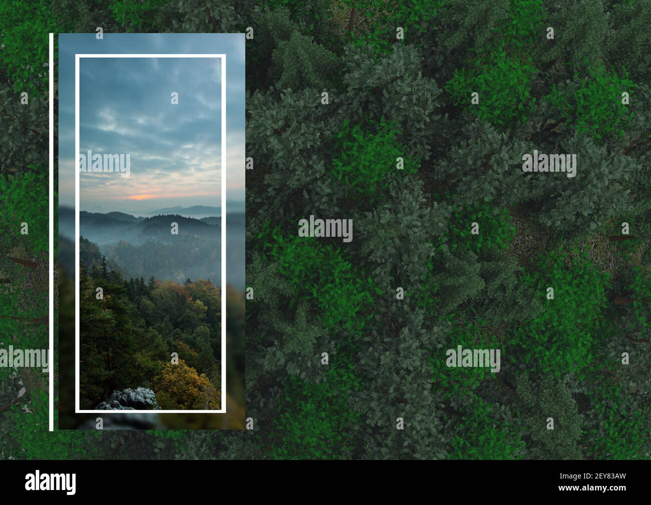 Illustration with mountain landscape photo over forest in background Stock Photo