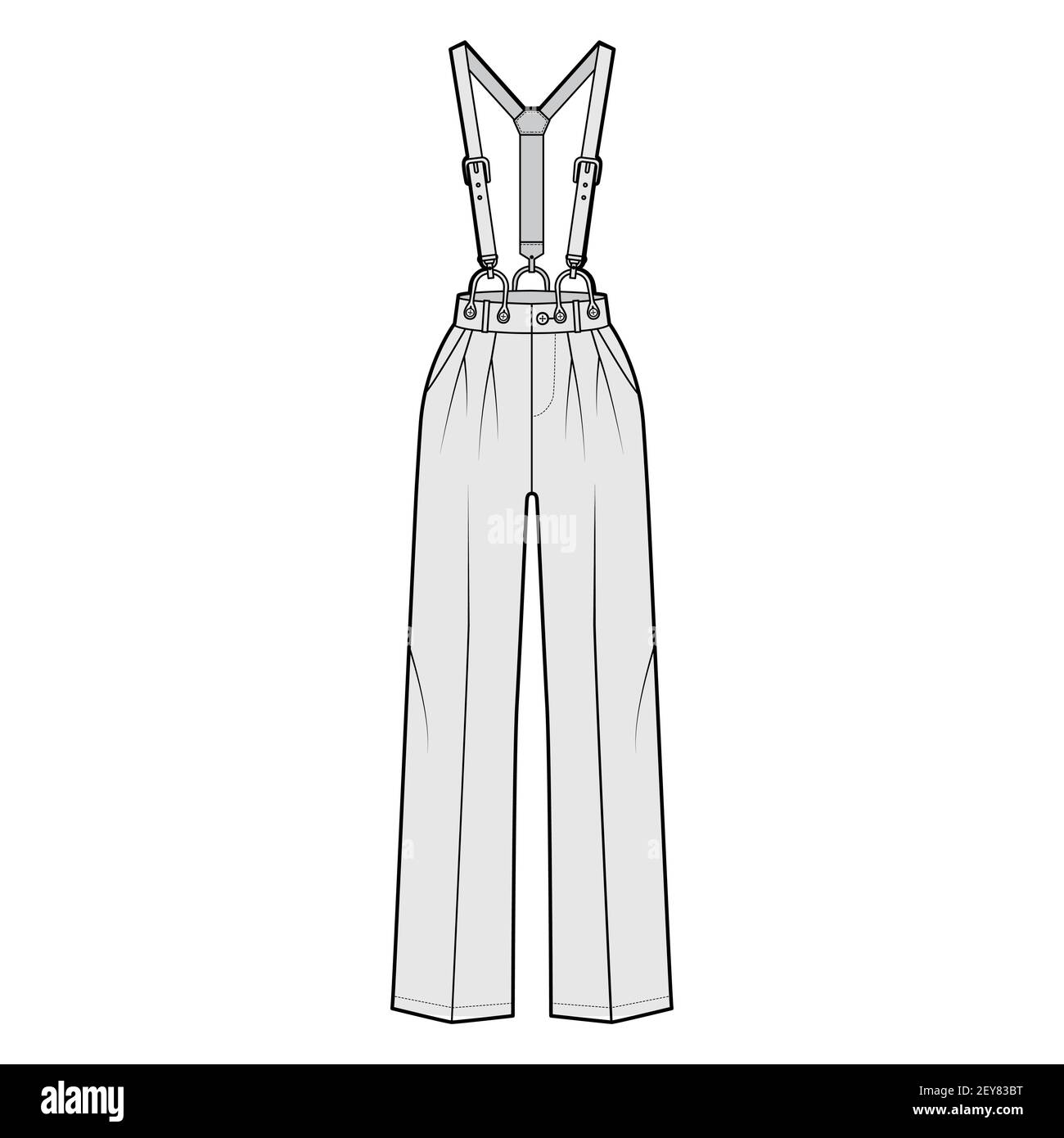 Suspender Pants Dungarees technical fashion illustration with full length, normal waist, high rise, pockets. Flat apparel garment bottom front, grey color style. Women, men unisex CAD mockup Stock Vector