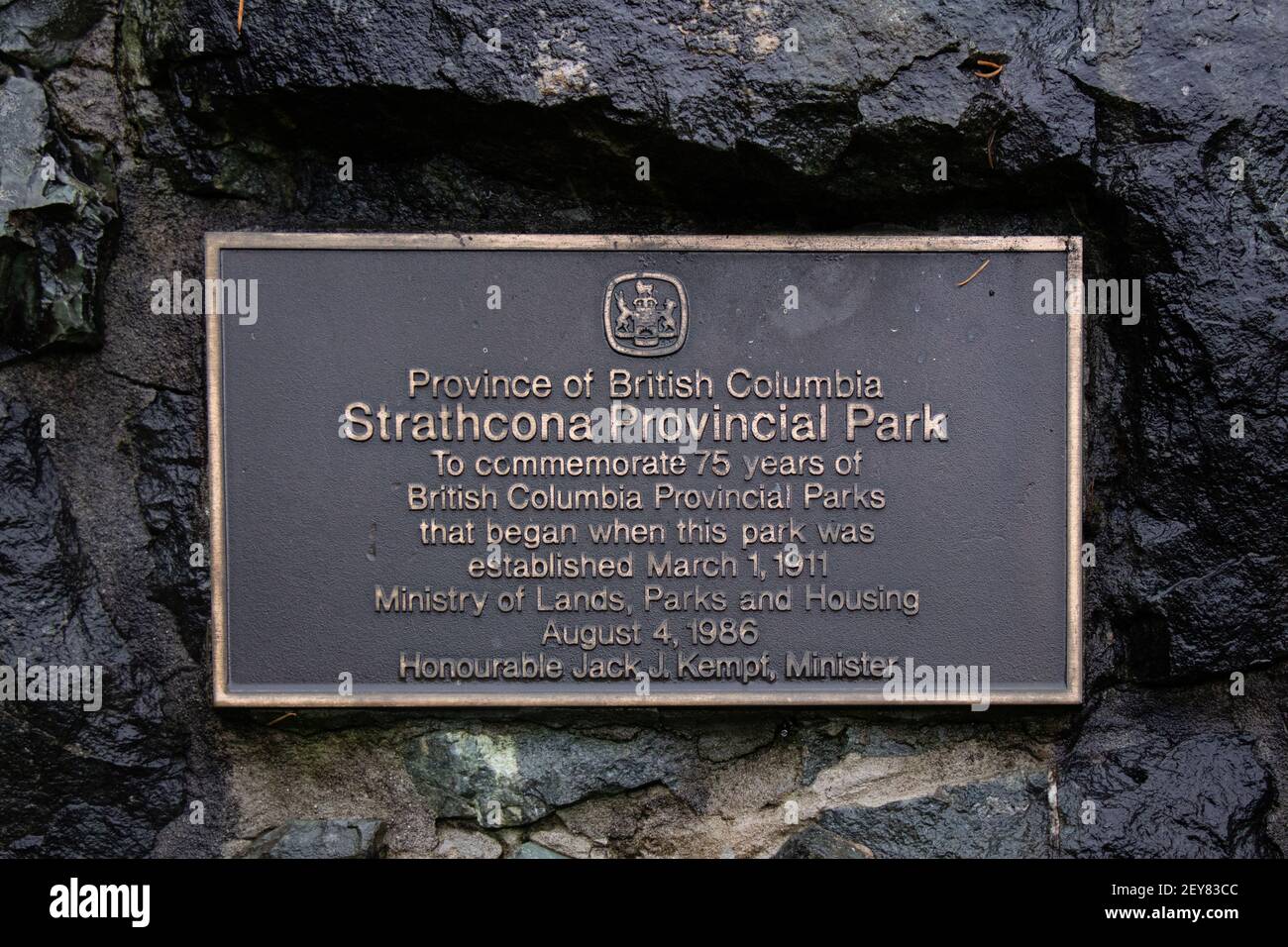 Vancouver Island, Canada - November 17,2020: View of Information Board (Plaque) Strathcona Provincial Park on a stone wall Stock Photo
