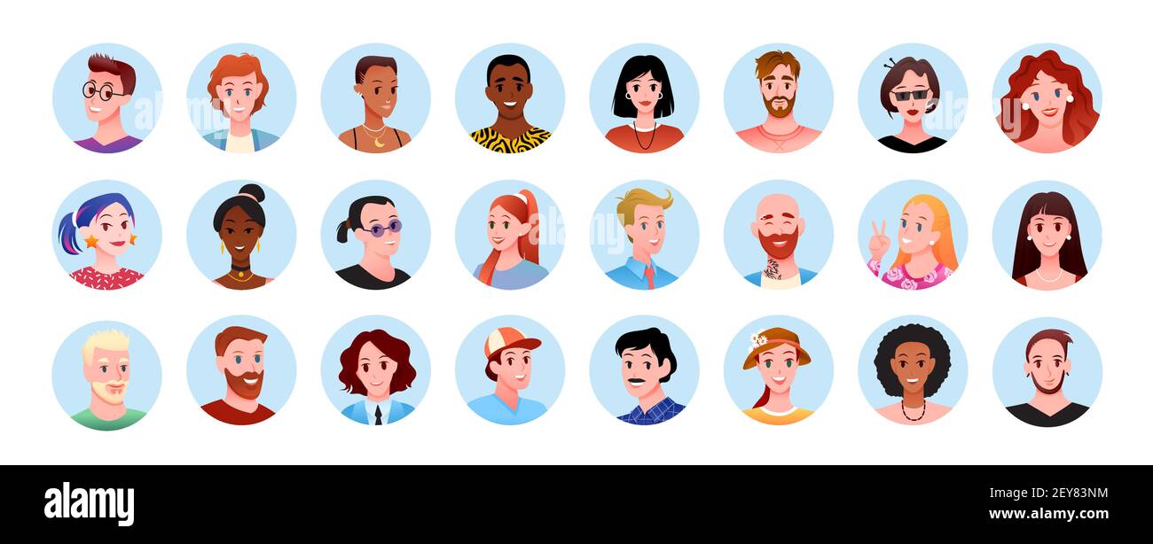 Profile round avatars, happy people of different race and age set, portraits in circles Stock Vector
