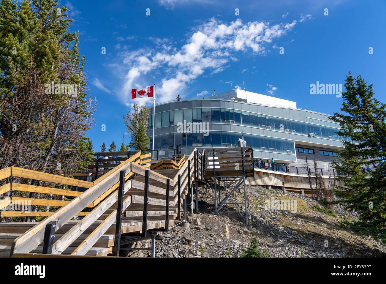 Banff Gondola summit station in summer. Wooden stairs and boardwalks along the summit. Banff National Park, Canadian Rockies, Alberta, Canada. Stock Photo